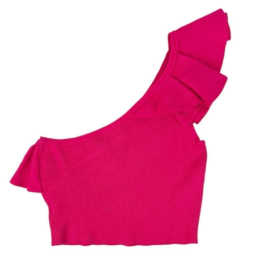 Express‎ Pink Ribbed Heavy Knit One Shoulder Blouse Top Ruffle Front Size Medium - Picture 6 of 6